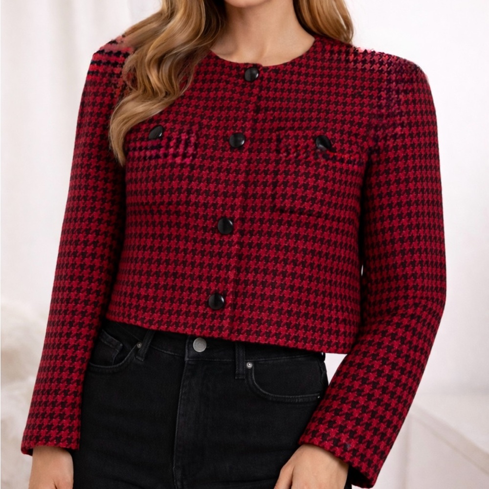 VTG Granite Red & Black Houndstooth Cropped Blazer 8/M